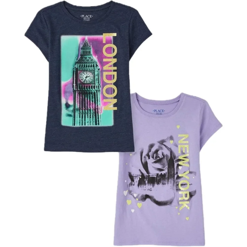 Girls New York Empire State Building & London Big Ben T-shirt Set Size S 5/6